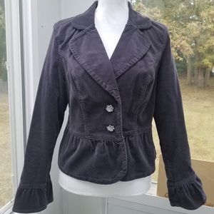 Dark Gray Jewel Button Single Breasted Cotton Corduroy Peplum Blazer